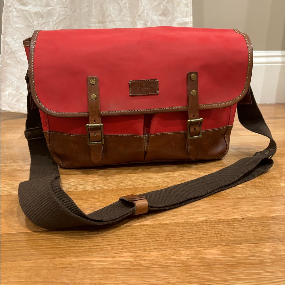 Cole Haan Red and Brown Leather Accent Messenger Bag with Vintage Style